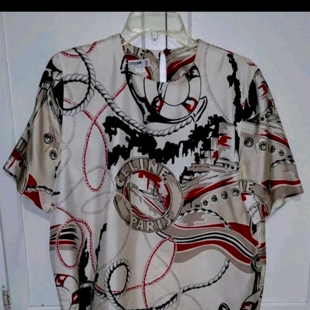 Celine Vintage Women's Pure Silk Nautical Logo Print Blouse,  Rare FR 44(US 10)